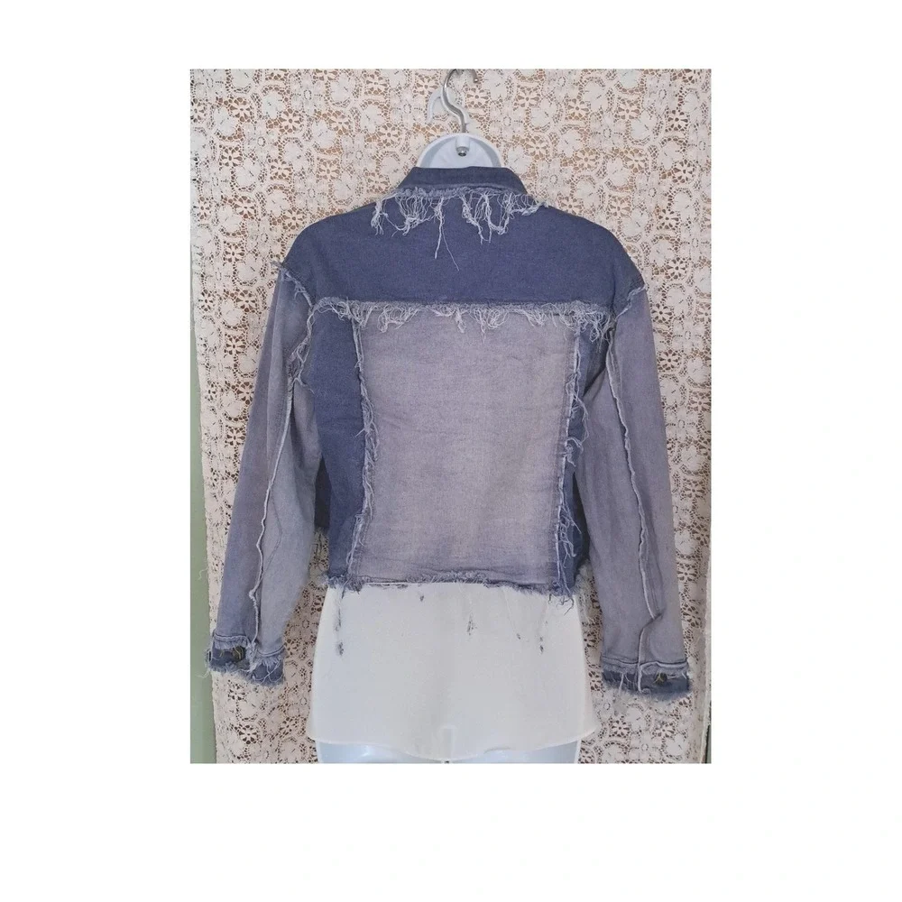 Unbranded Distressed Patchwork Denim‎ Jacket Blue Two Tone Raw Hem Small